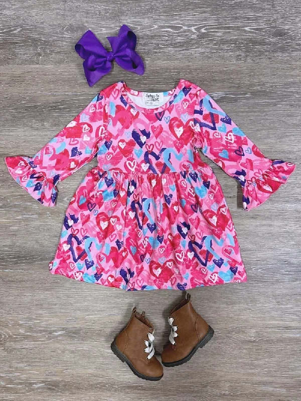 Dresses for casual Fridays-All You Need Is Love Pink & Purple Hearts Girls Flare Dress