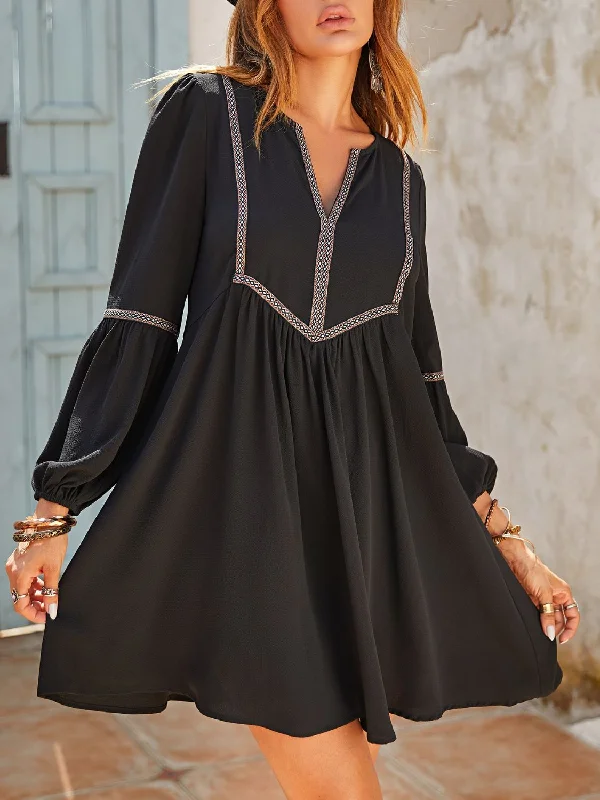 Dresses with ruffles-Ruched Notched Long Sleeve Mini Dress