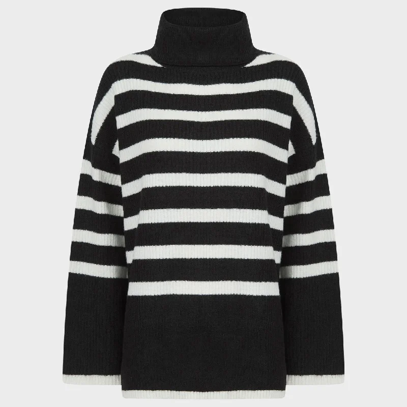 Sweaters for parades-Ladies Black Stripe Roll Neck Jumper