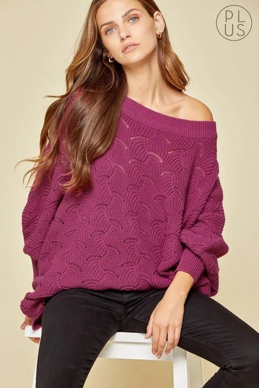 Sweaters with knotted sleeves-Scalloped Hem Dolman Sweater Plus Size by Andree by Unit