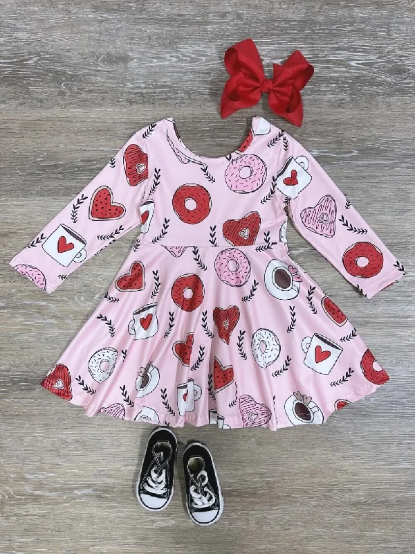 Dresses for meditation sessions-Sip Of Love Coffee & Donut Hearts Pink Girls Skater Dress