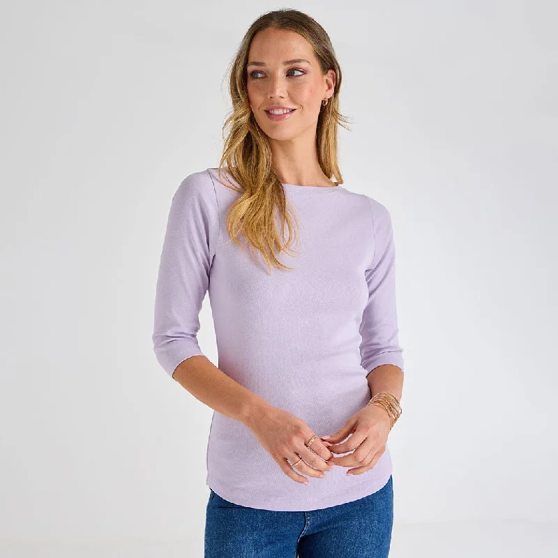 How to plan a coastal trip-Ladies Pastel Lilac 3/4 Sleeve Slash Neck Top