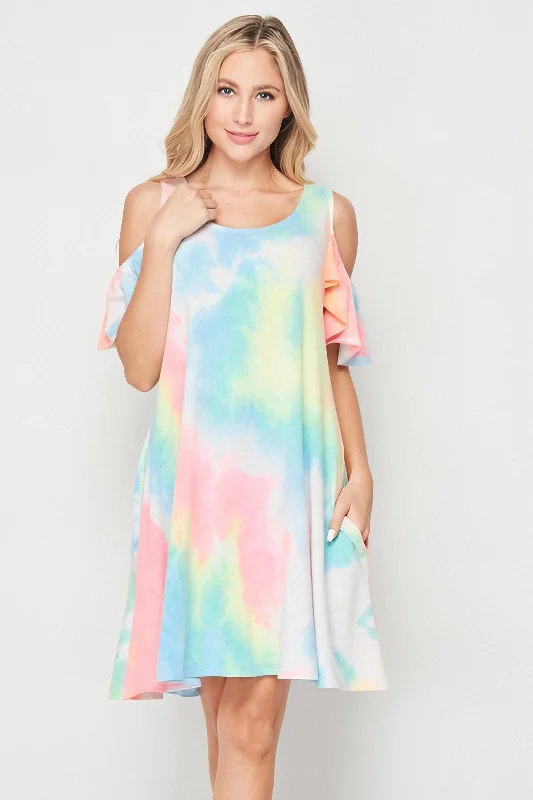 Dresses for sustainable fashion-Tie Dye Cold Shoulder Knit Shift Dress