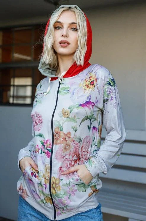 Hoodies & Sweatshirts Valentine’s Day-Women & Plus Size Floral Print Zip-Up Hooded Sweatshirt