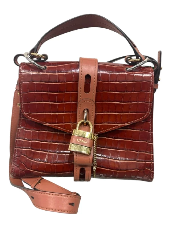 Best online learning platforms-Chloe Chestnut Brown Leather Croc Embossed Top Flap Crossbody Strap Satchel Bag