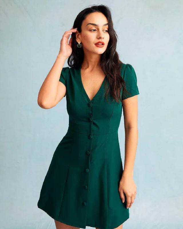 Dresses with midi length-The Dark Green V Neck Button-up Shirt Mini Dress