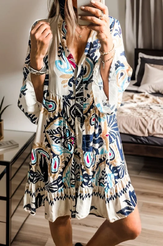 Dresses for fall weddings-Printed Button Up Mini Dress