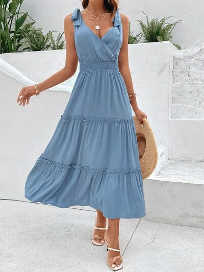 Dresses for countryside-Tie Shoulder Smocked Waist Sleeveless Tiered Dress