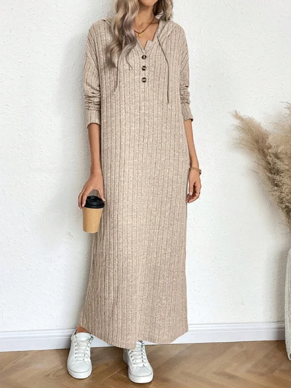 Dresses with sequins-Drawstring Long Sleeve Hooded Dress