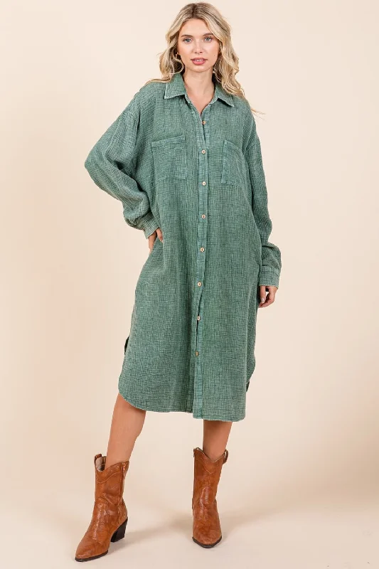 Dresses for jet setters-Mittoshop Mineral Wash Cotton Gauze Midi Shirt Dress