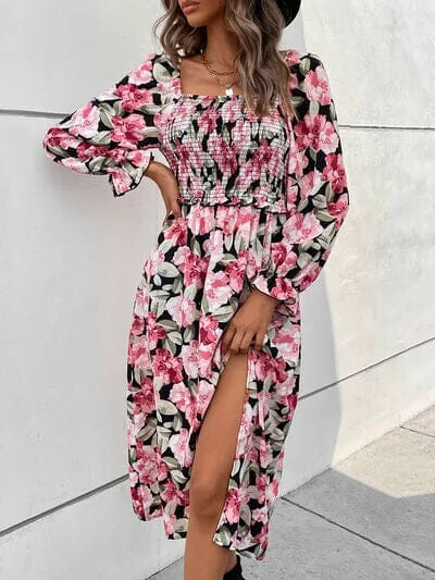 Dresses for mourning-Slit Smocked Floral Flounce Sleeve Dress