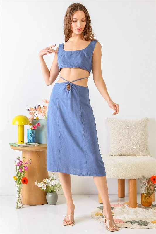 Dresses for empire waist-Blue Sleeveless Square Neck Self-Tie Strap Cut-Out Midi Dress /3-2-1