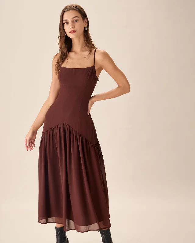 Dresses for potlucks-Brown Chiffon Ruched Slip Midi Dress