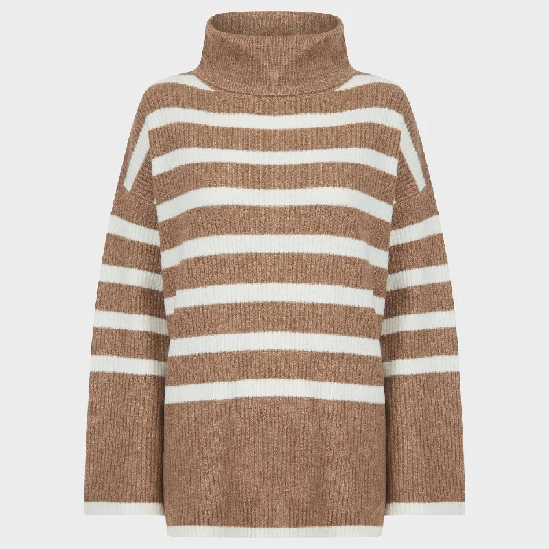 Sweaters with twisted fronts-Ladies Woodsmoke Stripe Roll Neck Jumper