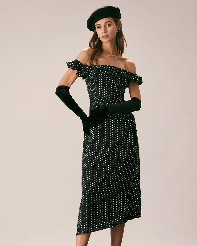 Dresses for 1970s vibe-The Black Off The Shoulder Ruffle Midi Dress