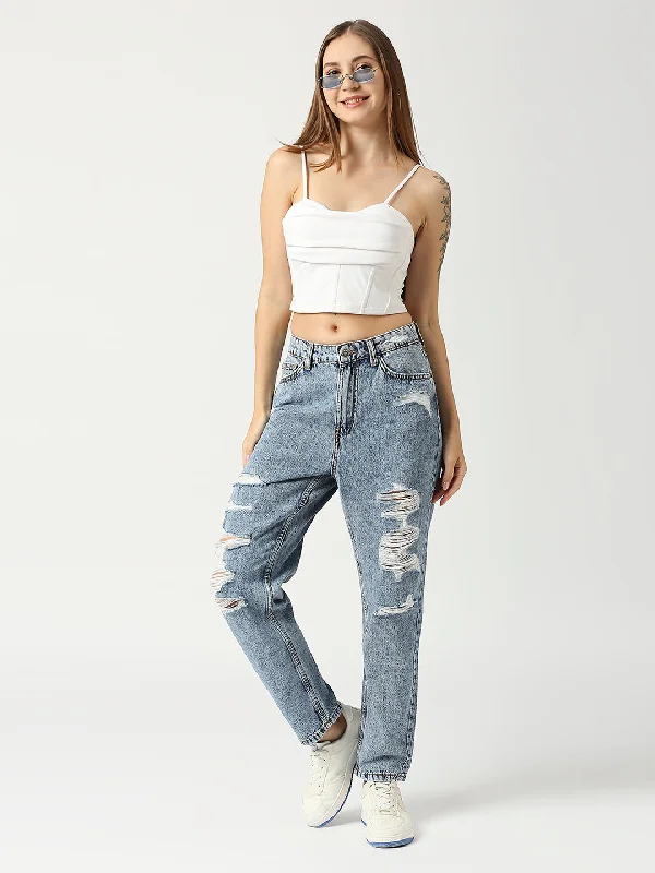 Bottoms with star pattern-Women High-Rise Distressed Acid Wash Jeans