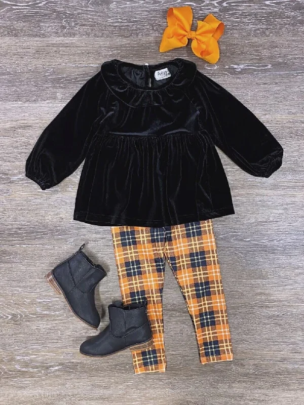 How to grow indoor plants-Orange & Black Velvet Top Plaid Leggings Outfit