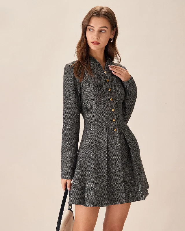 Dresses for cold weather-Grey Button Pleated Mini Dress