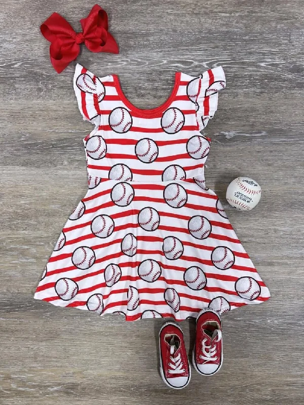 Dresses for concerts-Field of Dreams Red Stripe Girls Baseball Tank Dress