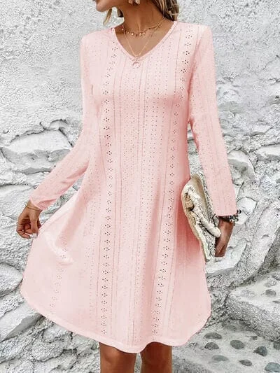 Dresses for confirmations-Eyelet V-Neck Long Sleeve Mini Dress