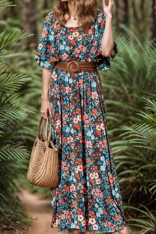 Dresses for custom made-Tied Printed Round Neck Half Sleeve Dress