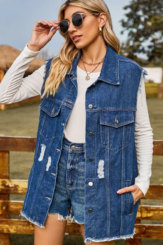 How to repair a table-Sleeveless Button-Up Collared Denim Top with Pockets