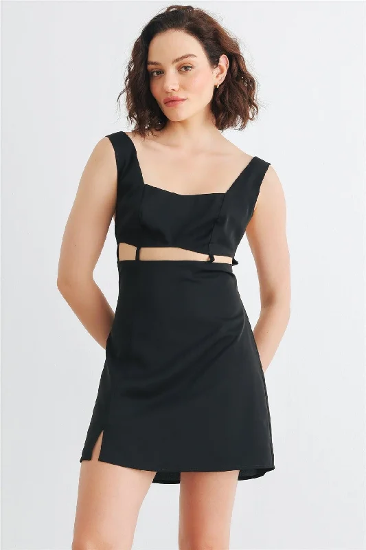 Dresses for courthouse weddings-Black Sleeveless Cut-Out Detail Square Neck Back Criss-Cross Mini Dress /1-2-2-1