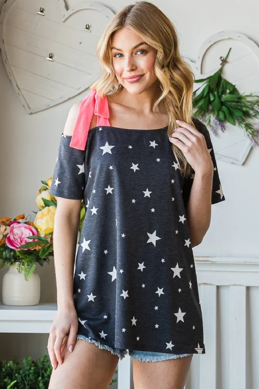 How to plan a family reunion-Star Print Asymmetrical Neck Short Sleeve Top