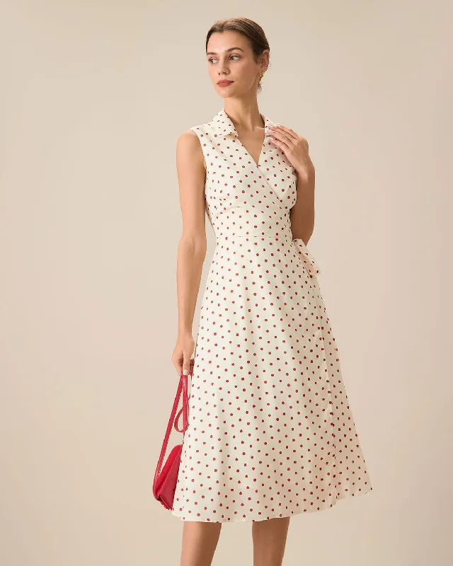 Dresses for trade shows-Women's Beige Poka Dot Wrap Midi Dress