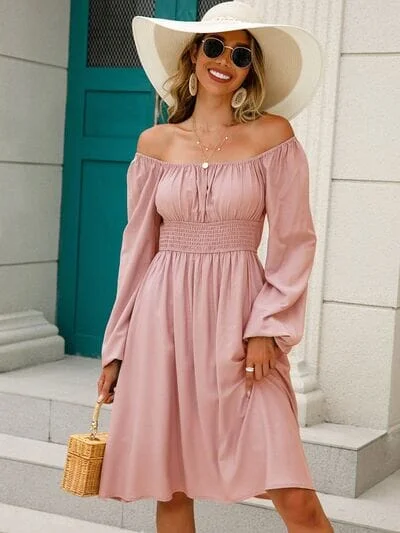 Dresses for zipper back-Off-Shoulder Balloon Sleeve Smocked Dress