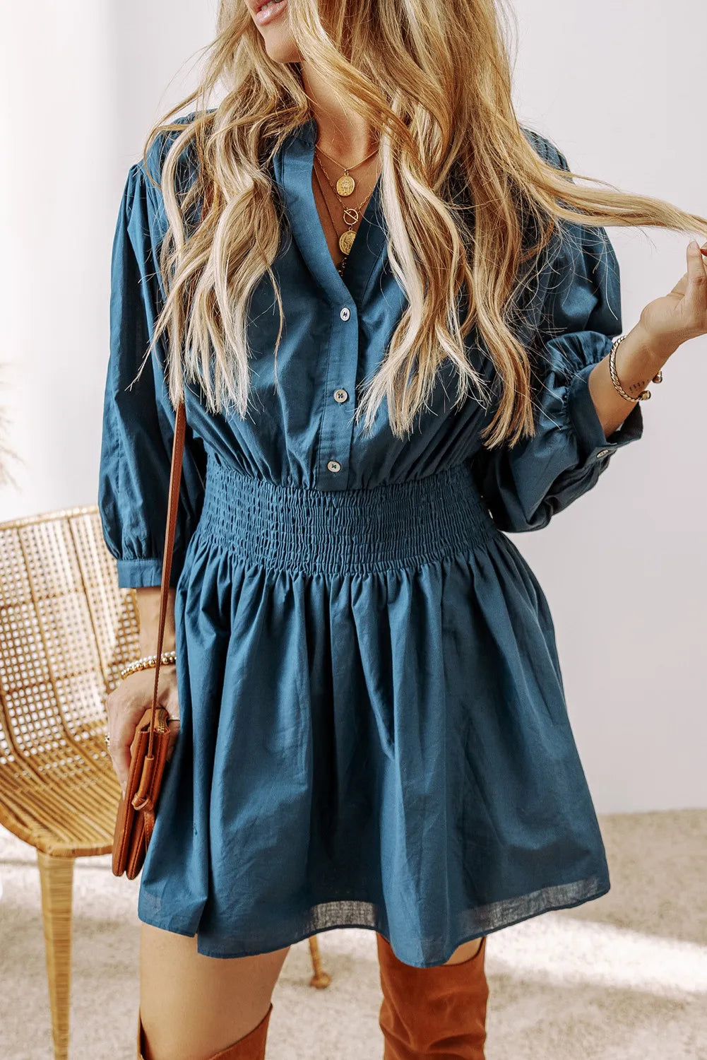 Dresses for ombre effect-Smocked Half Button Three-Quarter Sleeve Mini Dress