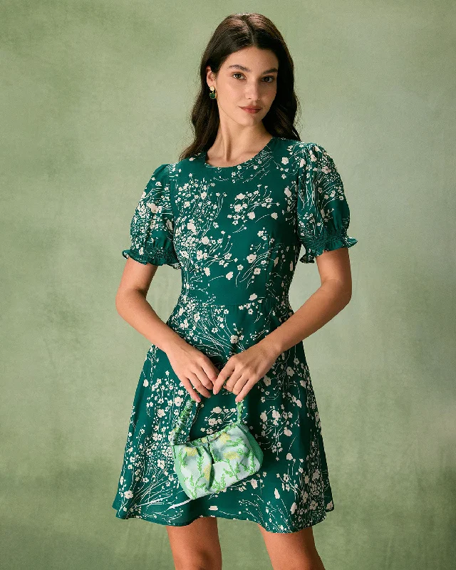 Dresses for thrift shopping-The Green Round Neck Floral Mini Dress