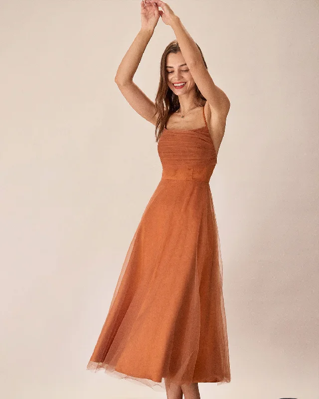 Dresses with denim-Caramel Mesh Flowy Slip Midi Dress