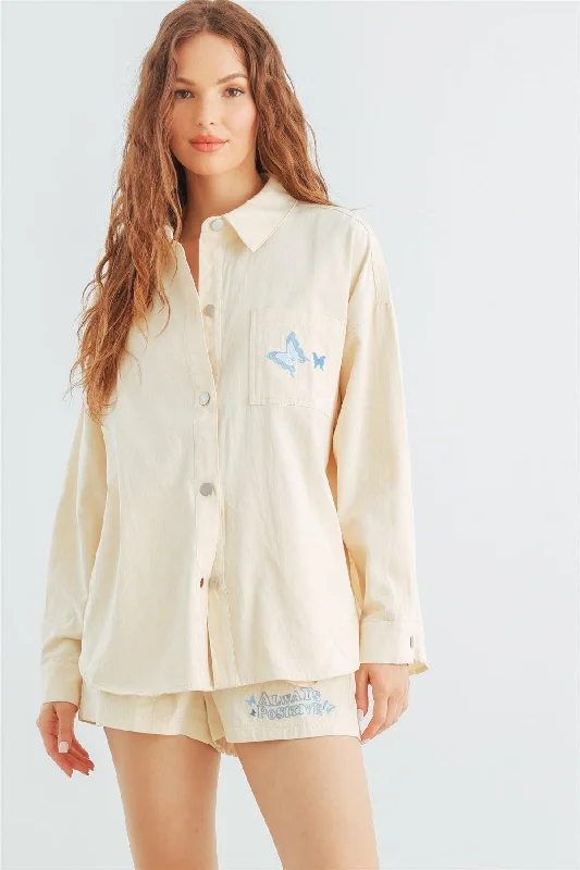 Jackets for affordable-Cream Cotton Button-Up Collared Neck Jacket & High Waist Shorts Set /1-2-2-1