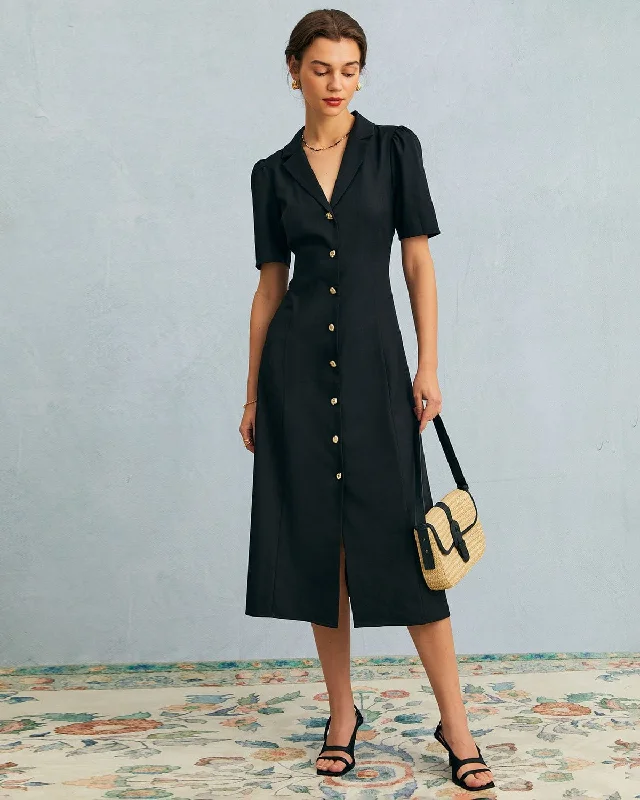 Dresses for award ceremonies-The Black V Neck Button Puff Sleeve Midi Dress