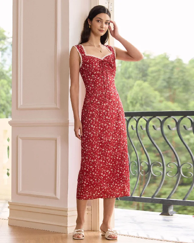 Dresses for lunch meetings-The Red Sweetheart Neck Floral Lace Trim Midi Dress