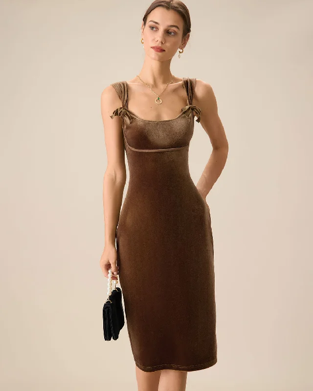 Dresses for anime cosplay-Brown Velvet Bodycon Midi Dress