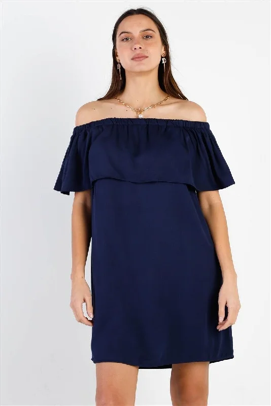 Dresses for evening weddings-Off-The-Shoulder Neckline Ruffle Overlay Mini Dress