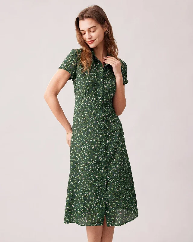 Dresses for mourning-The Green Lapel Button Up Floral Midi Dress