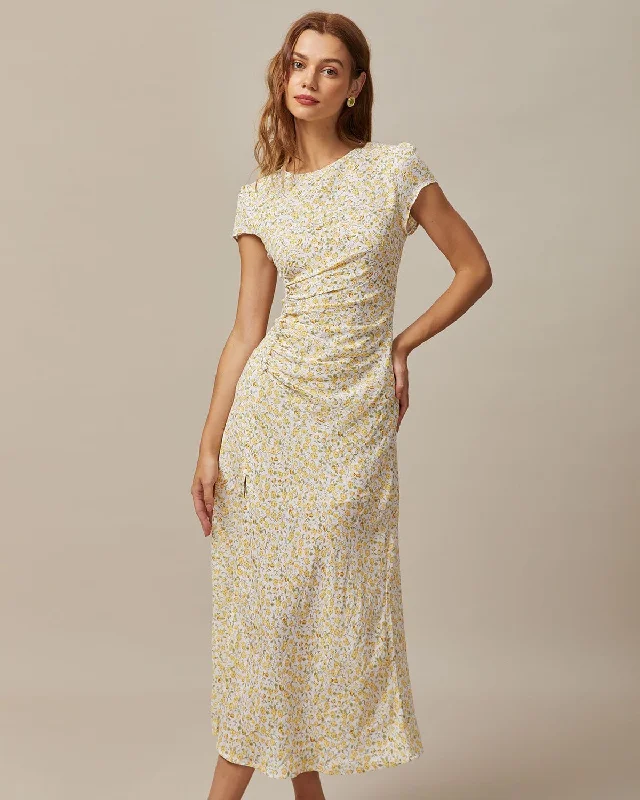 Dresses for mountain retreats-The Yellow Round Neck Floral Midi Dress