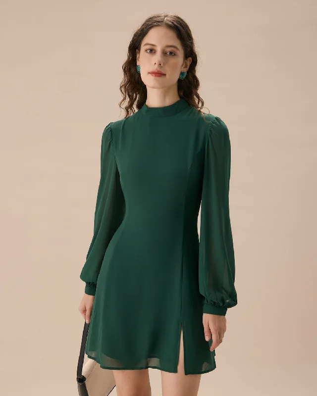 Dresses for honeymoons-The Green Stand Collar Sheer Slit Mini Dress