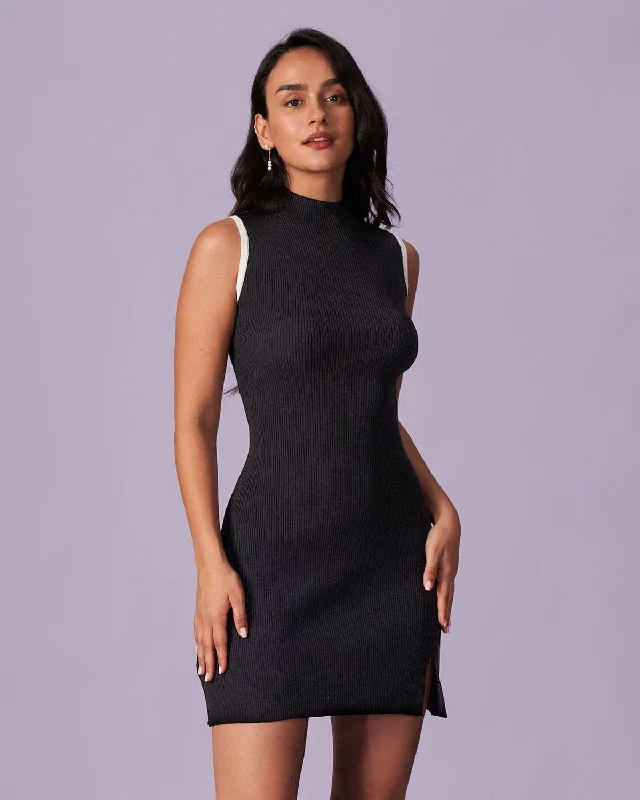 Dresses for birthdays-The Black Mock Neck Contrast Knit Mini Dress