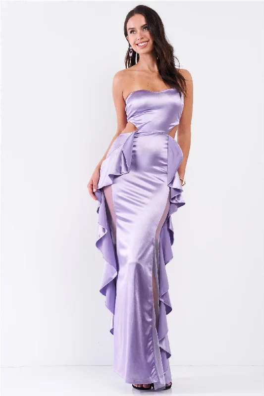 Dresses for heavy fabrics-Lilac Satin Effect Sleeveless Sweetheart Neckline Open Back Ruffle Side Detail Maxi Dress /3-2-1