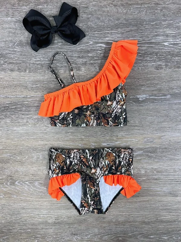 Swimwear for confidence-Oh Deer Camo & Orange Ruffle Girls 2 Piece Swimsuit