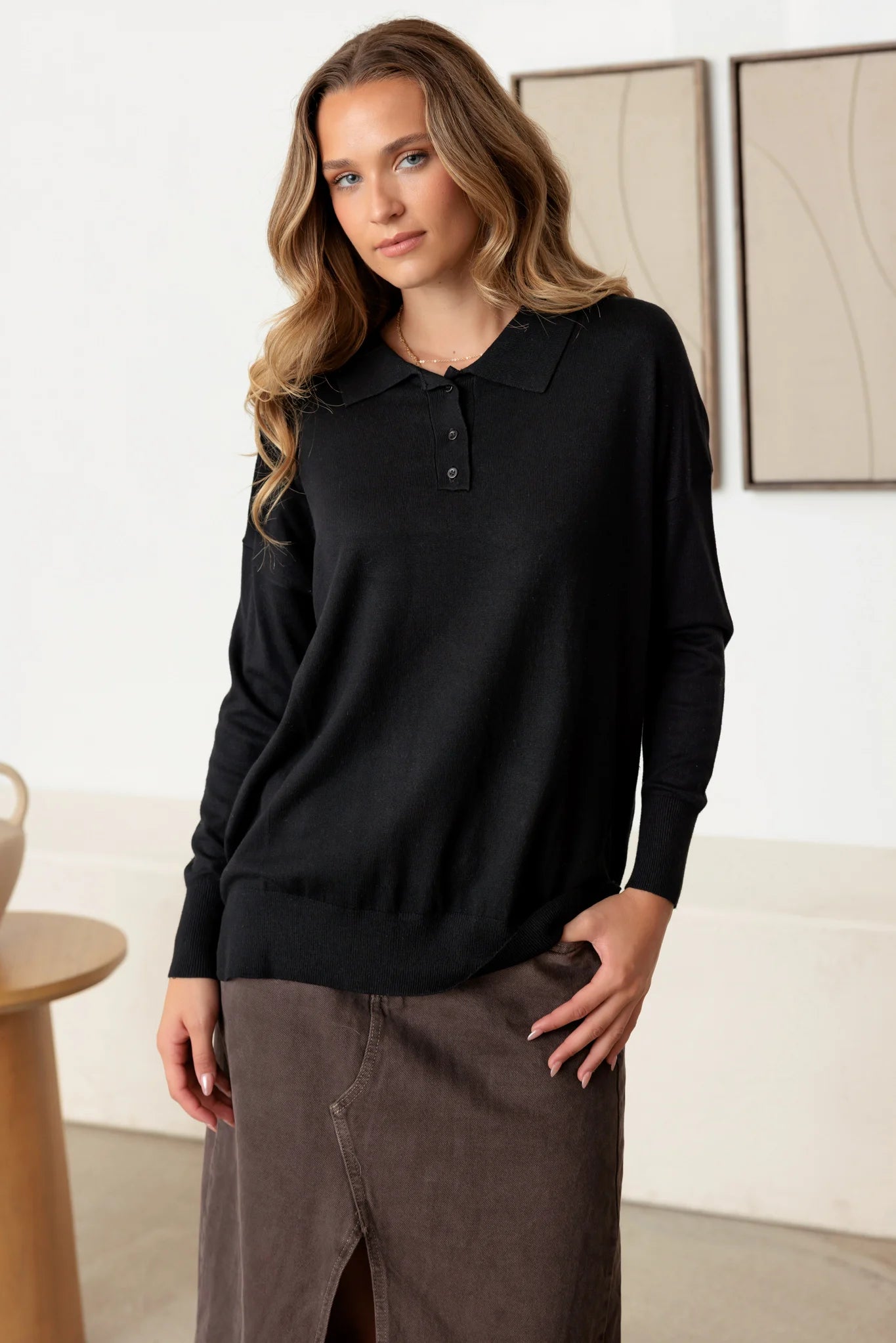 Sweaters in lagoon-Collar Polo Soft Knit Sweater Top