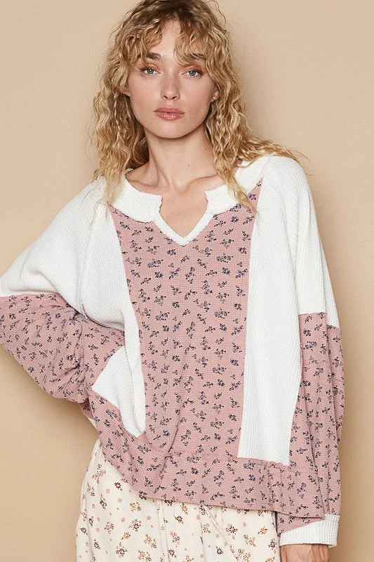 Best online therapy platforms-POL Waffle Knit Floral Notched Long Sleeve Top