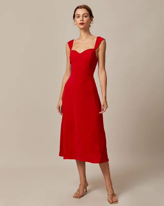 Dresses for spa days-The Red Sweetheart Neck Cap Sleeve Midi Dress