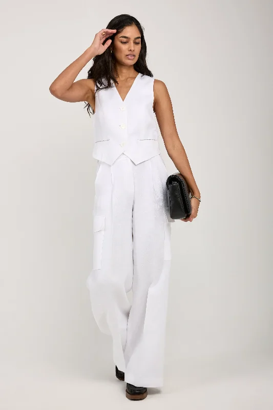 Bottoms for easy fit-Linen Gabardine Cargo Pant in Pure White