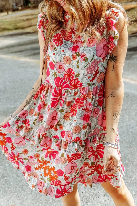 Dresses with floral patterns-Ruffled Printed Mock Neck Dress