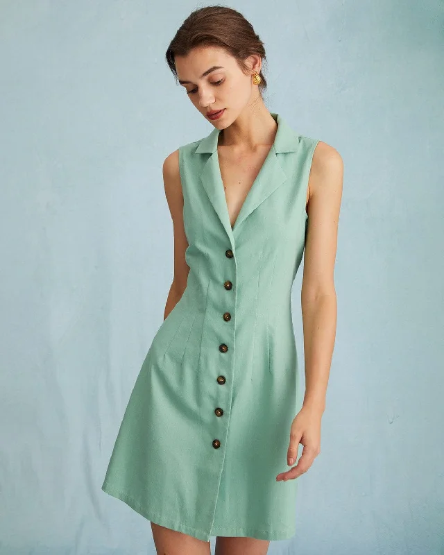 Dresses for department stores-The Green Lapel Button-up Sleeveless Mini Dress